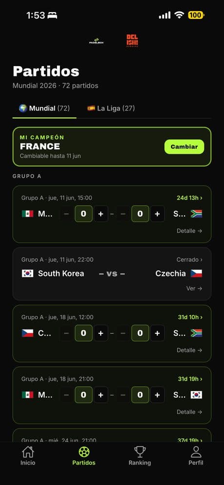 Listado de partidos con botones más y menos para poner el marcador de cada equipo